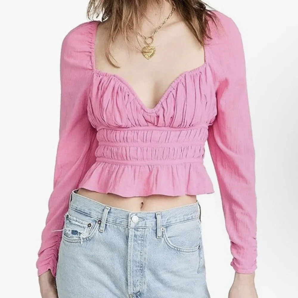 NWT Free People Chloe Top Aurora Pink Sz S Sweetheart Neckline Smocked Back Tie